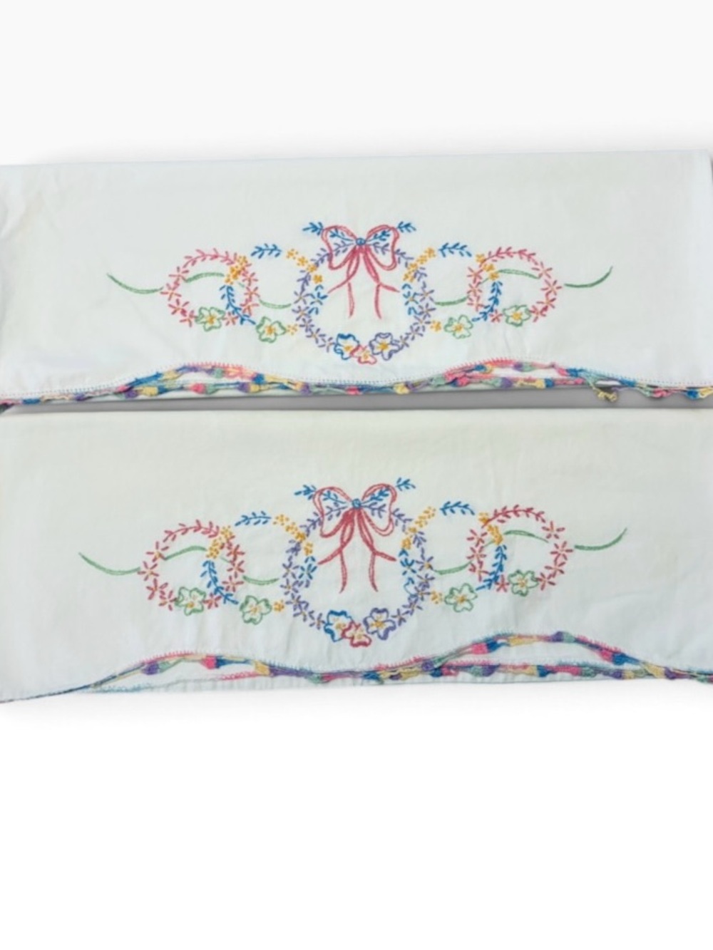 Handmade Vintage Floral Embroidered White Standard Pillowcase Set